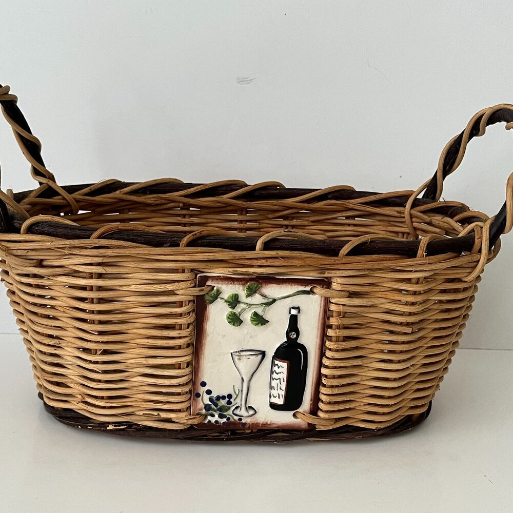 Double Handled Wicker Basket with Ceramic Wine Themed Insert ~ Medium